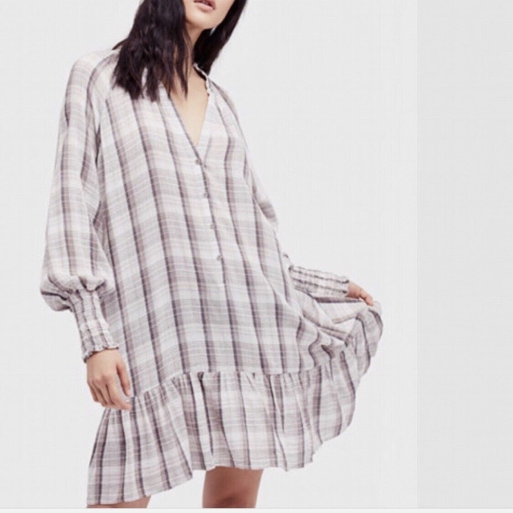 FREE PEOPLE Red Moon Plaid Mini Dress Neutral Combo